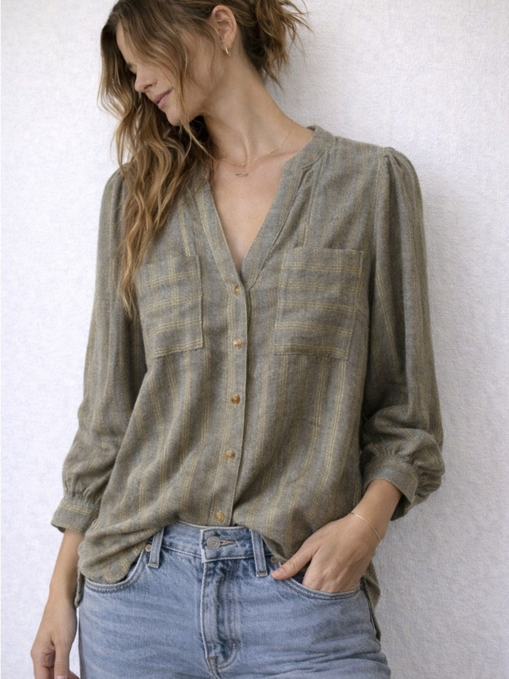 Anthropologie Olive Green Striped Button-Front Blouse